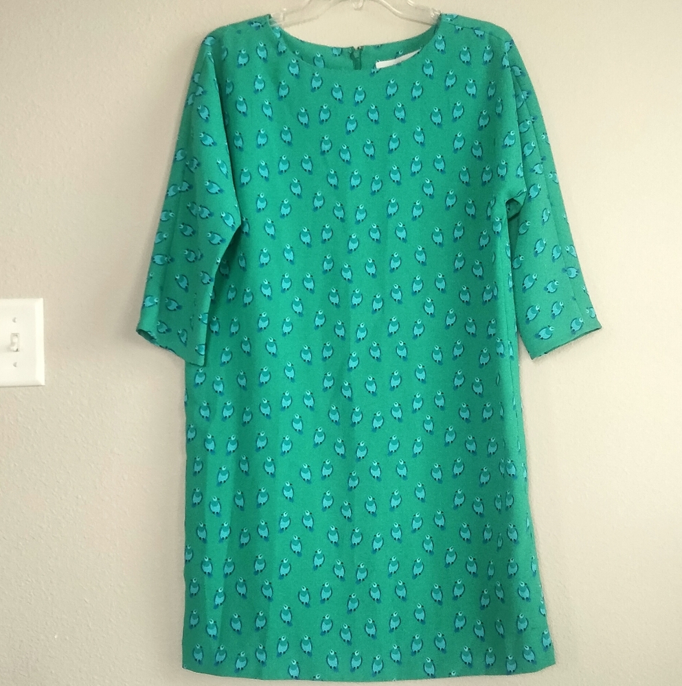 The Loft Size Small Elegant Green Sheath Dress With Bird Pattern